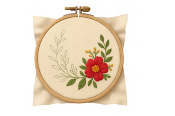 Embroidery hoop with unfinished floral design on fabric
