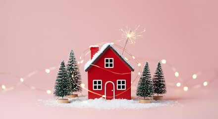 Red House with Christmas Trees and Sparkler on Pink Background.