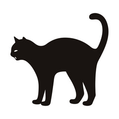 A stylized black cat silhouette with arched back and raised tail