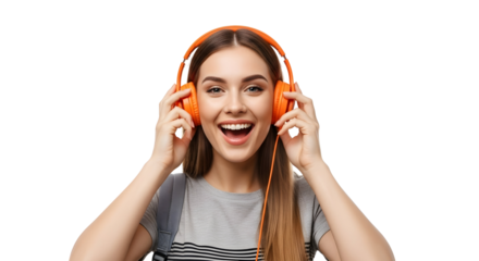 Happy Young Woman Listening Music Enjoying Sound Headphones Fashion Portrait