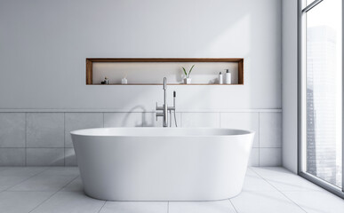 Modern white bathtub in minimalistic bathroom interior with built-in wooden shelf, gray tiled floor, white walls, and large window with cityscape view. 3D Rendering