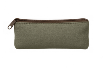 Olive green pencil case with brown zipper opening