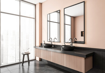 Elegant bathroom with two vessel sinks, minimalist design, soft peach tones, and large mirrors on a city skyline background. 3D Rendering