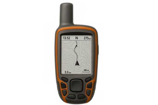 Handheld gps device displaying navigation map on transparent background