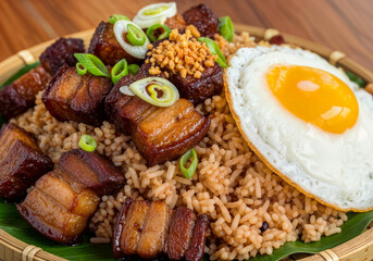 Steamed rice with tender pork, soft-boiled egg, and sliced red onions — a classic Filipino comfort dish.