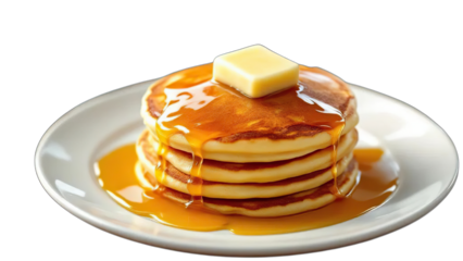 A delicious stack of fresh homemade pancakes topped with butter and maple syrup on a white plate is the perfect sweet breakfast meal