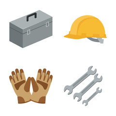 Tools and safety gear for construction and maintenance work, including a toolbox, hard hat, work gloves, and wrenches.