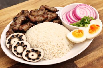 Traditional Filipino rice meal with grilled pork, boiled egg, and fresh onions — hearty and flavorful.