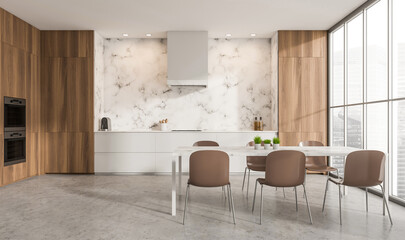 Modern kitchen with marble backsplash, wood cabinets, brown chairs, and concrete floor in daylight-lit room with city view. 3D Rendering