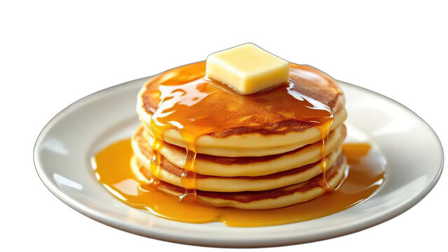 A delicious stack of fresh homemade pancakes topped with butter and maple syrup on a white plate is the perfect sweet breakfast meal
