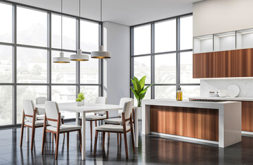 Contemporary kitchen and dining space with white and wood furniture, large windows, pendant lights, and indoor plants on a sunny background. 3D Rendering