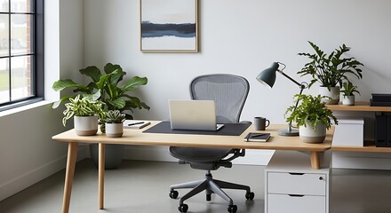 A bright home office setup with wooden desk chair laptop plants and natural light from the window