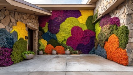 Vibrant living wall bursts with colorful flowers and lush greenery, transforming a stone building exterior into a stunning natural art installation