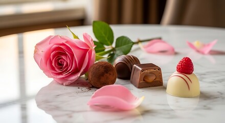Romantic Indulgence - Pink Rose and Gourmet Chocolates on Marble.