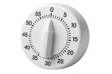 White kitchen timer measuring time with transparent background
