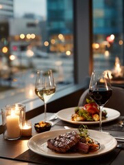 Indulge in a luxurious steak dinner for two with wine and city lights creating a romantic ambiance for a special evening