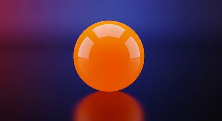 Shiny orange sphere reflecting on a surface with vibrant background lighting.