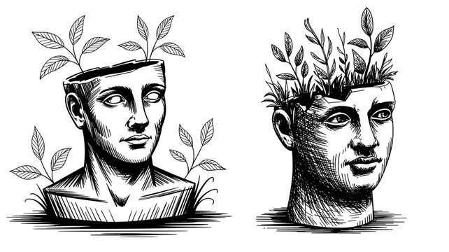 Black and white hand-drawn illustration of two classical busts with open heads sprouting plants, symbolizing creativity, growth, and mindfulness.