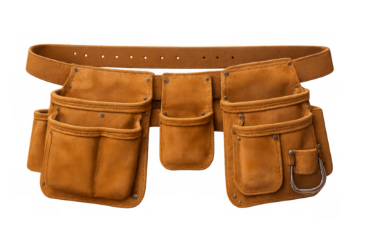 Leather tool belt with pouches on transparent background