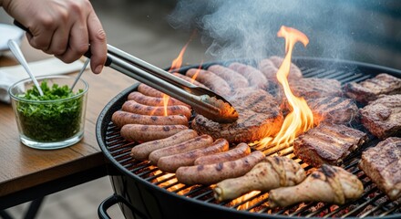 Grilling sausages, burgers, and chicken on an open flame outdoor barbecue