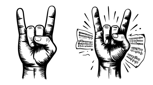 raised hands showing the rock and roll horn gesture, symbolizing music, energy, and rebellion.