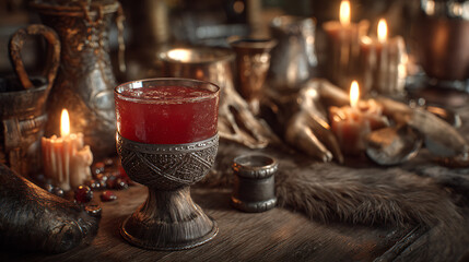 Obraz premium A red drink sits in an ornate cup on a wooden table surrounded by flickering candles, animal bones, and various rustic artifacts in a dimly lit medieval space.