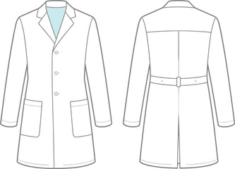 Long sleeve lab coat flat sketch, medical uniform cad drawing front and back view, doctor coat fashion vector template design