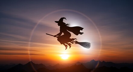 Silhouette of a witch flying on a broomstick against a vibrant sunset sky.