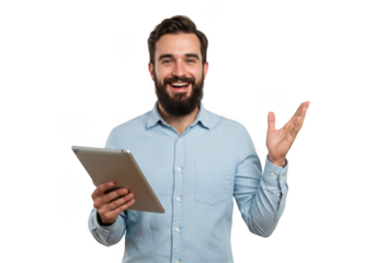 Excited man holding tablet and gesturing on transparent background