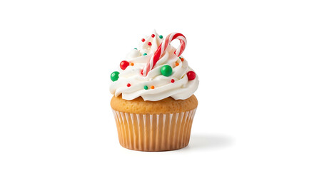 Christmas cupcake with white frosting and candy cane