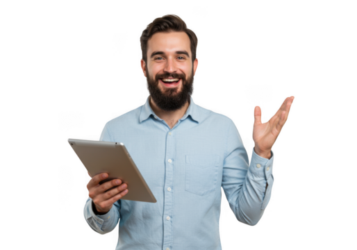 Excited man holding tablet and gesturing on transparent background