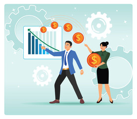 Business Ambition. Business Team Analyzes Growth With Graph, Coins, And Strategy Presentation.