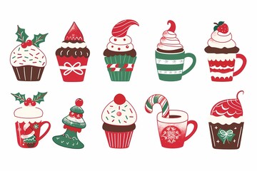 Festive holiday desserts and treats featuring cupcakes and hot cocoa designs with red and green decorations