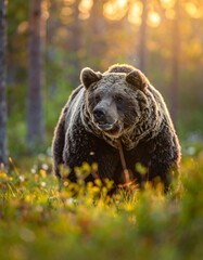 Fototapeta premium Majestic Brown Bear in Finnish Forest at Sunset.