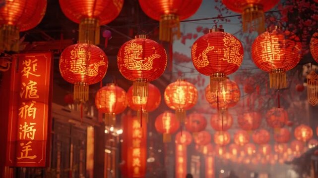 Chinese Lanterns Glowing in the Night Street During Spring Festival