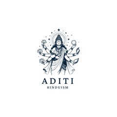 Fototapeta premium Vintage engraving style illustration of the Hindu goddess Aditi, depicted with multiple arms holding lotus flowers, the sun, and a conch shell, surrounded by a cosmic star halo
