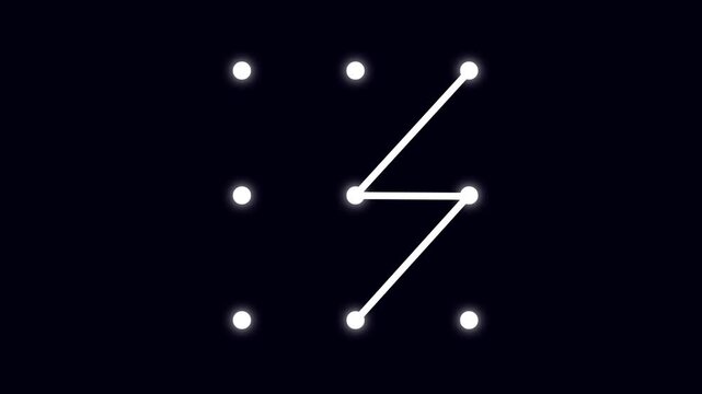 Security lock and unlock pattern icon animation. Lock to pattern icon showing a secure unlock motion animation. Draw pattern unlock animation. abstract Security technology on black background.