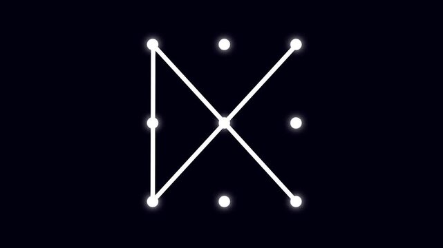 Security lock and unlock pattern icon animation. Lock to pattern icon showing a secure unlock motion animation. Draw pattern unlock animation. abstract Security technology on black background.
