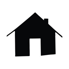 Simple black silhouette of a home with a chimney on a white background