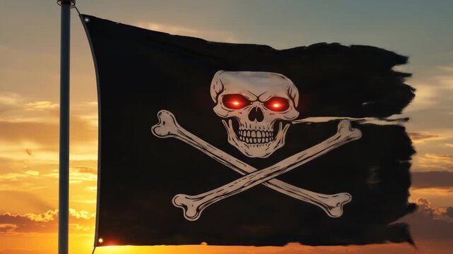 A menacing pirate flag waves at sunset with glowing eyes.