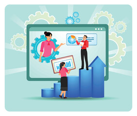  Seo Analytics Team. Business Presentation With Gears, Charts, And Growth On A Digital Screen.