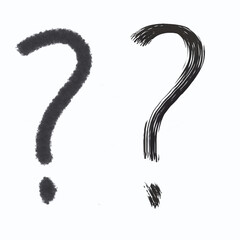 Black question mark painted with brush strokes. Hand-drawn doodle icon representing curiosity, doubt, and inquiry. Isolated on clean white background.