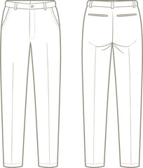 Men’s trousers CAD flat vector, front and back technical drawing, fashion apparel design template, pants mockup for clothing illustration