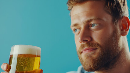 White man holding a beer, with copy space
