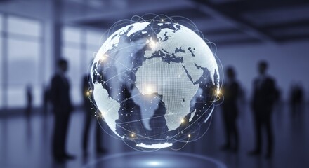 Global Business Connectivity: Digital Earth Network with Blurred Professionals in a Modern Corporate Setting, Illustrating International Communication and Technological Advancement