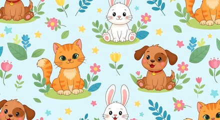 Obraz premium Seamless Pattern with Adorable Cartoon Animals and Spring Flowers.