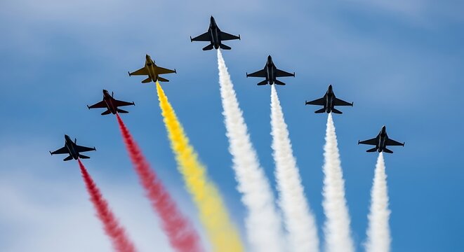Seven fighter jets flying in formation against a blue sky with colored smoke trails behind them - Powered by Adobe