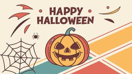 Retro Halloween vibes with a smiling pumpkin, spiderweb, and festive shapes for a spooky celebration, perfect for holiday designs and seasonal promotions