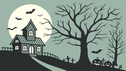 Eerie Halloween Night Scene with Haunted House, Bats, and Pumpkins for Spooky Season Designs, Perfect for Seasonal Greetings and Creepy Decorations