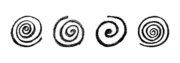 Vector abstract spiral collection in round spin motion. Crayon, pastel, chalk, and charcoal doodle squiggle style with liquid splash effect, school blackboard concept for kids and children art.